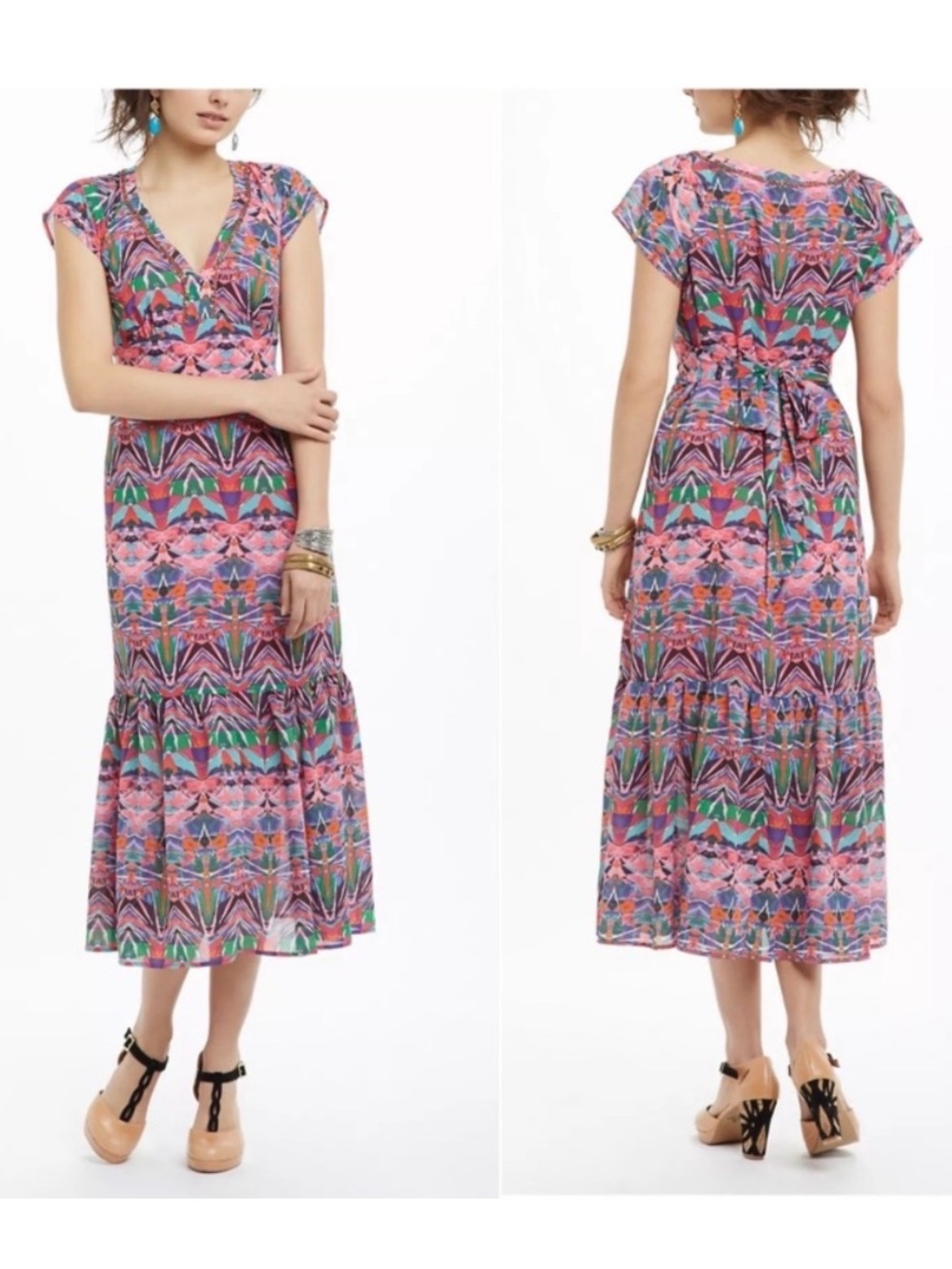 Anthropologie Mural Midi Dress Women’s Size 2 Colorful Boho Beaded Neckline